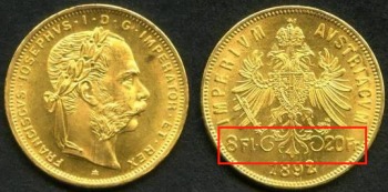 Zlatnik Franciscvs Iosephvs 8 Florin i 20 Franak Zlatnik Franciscvs Iosephvs (Franz Jozef) 8 Florin i 20 Franak