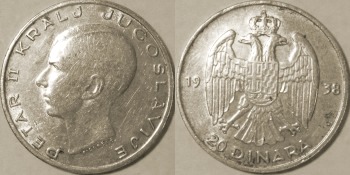 Srebrnjak kralj Petar II 1938 od 20 dinara Srebrnjak kralj Petar II 1938 od 20 dinara